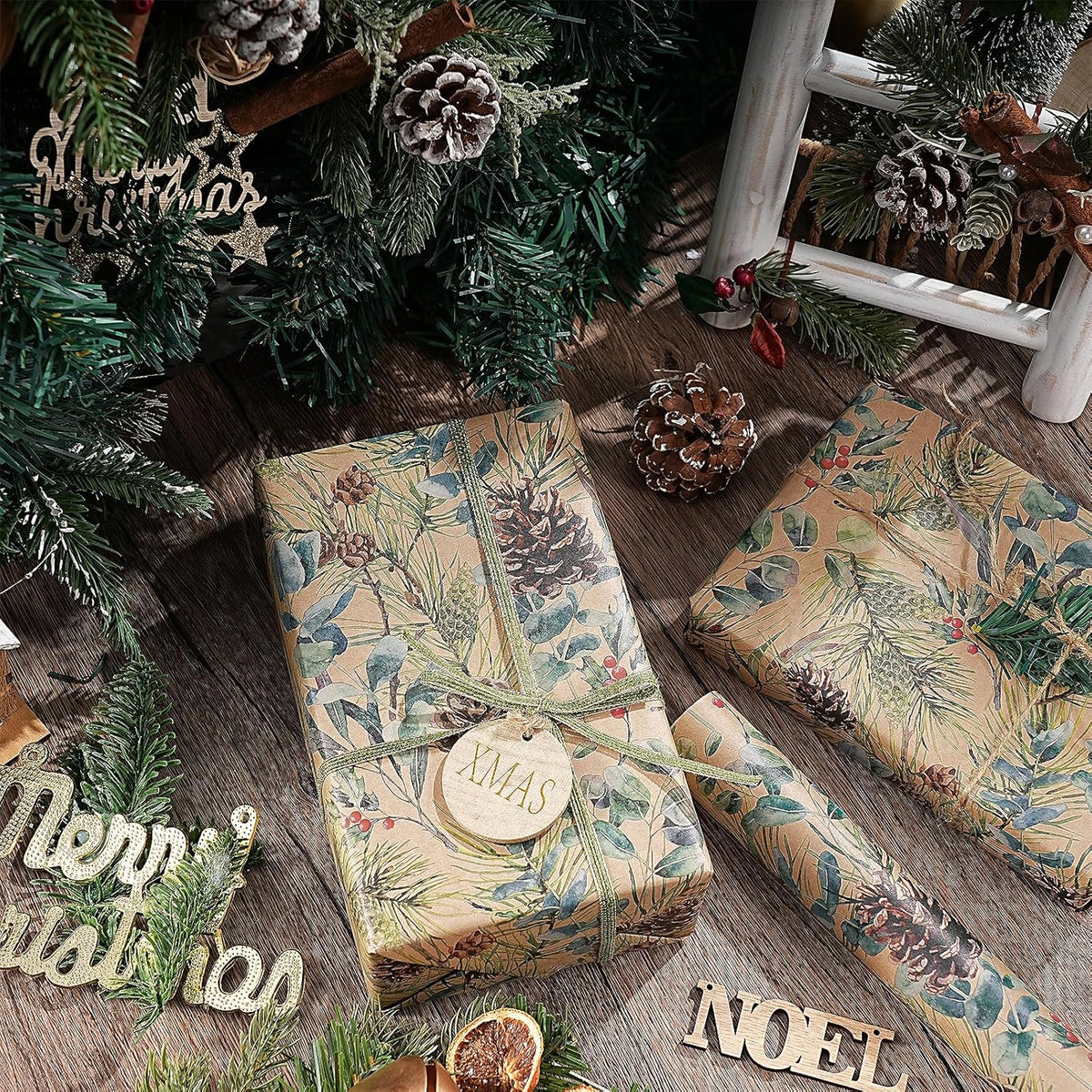 RUSPEPA Kraft Christmas Wrapping Paper Roll, Mini Roll, Watercolor Pinecone and Eucalyptus Leaf