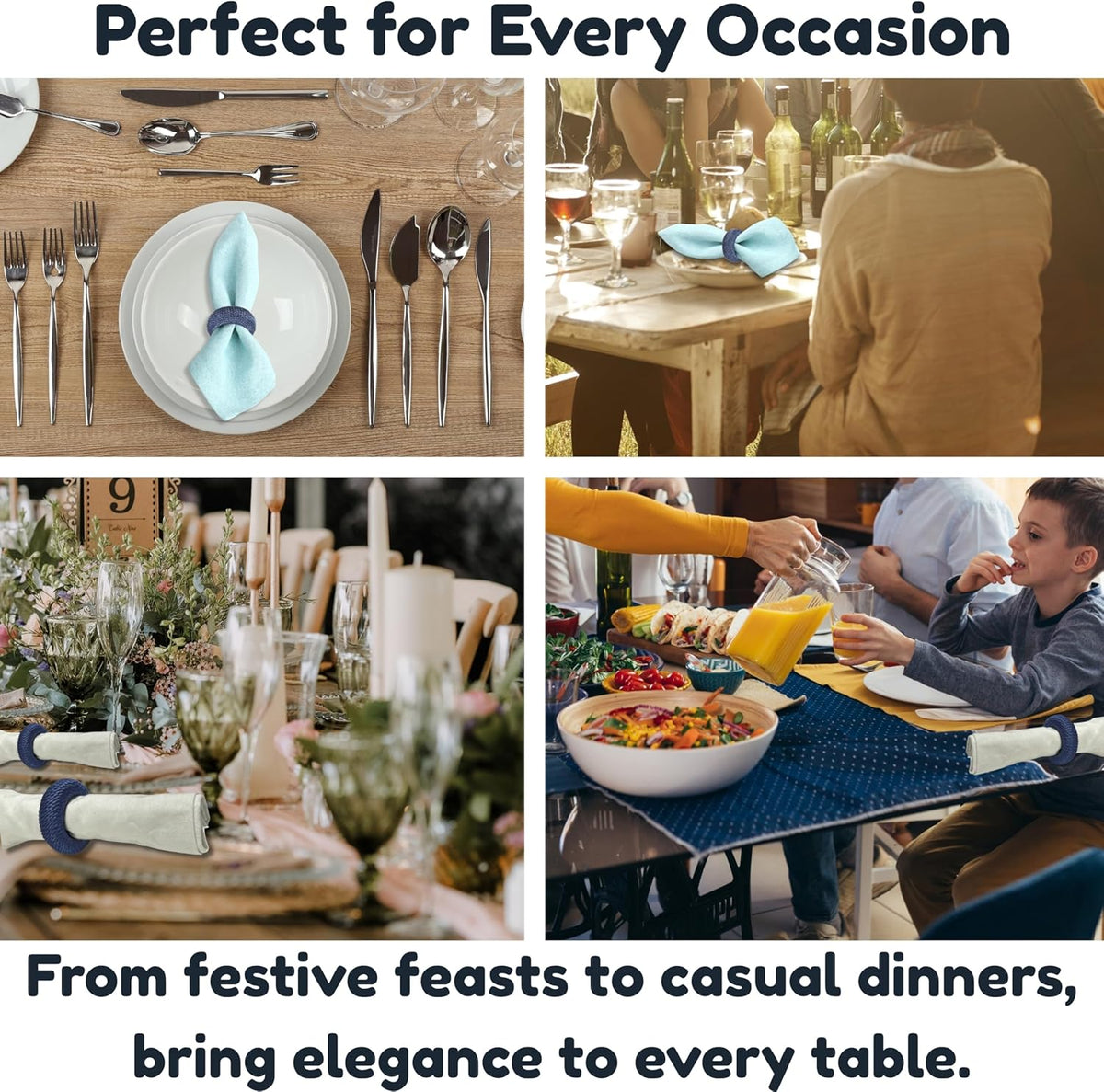 Rustic Napkin Rings Set of 12 - Rayon Napkin Holders for Table Decor, Weddings, Dinner Parties &