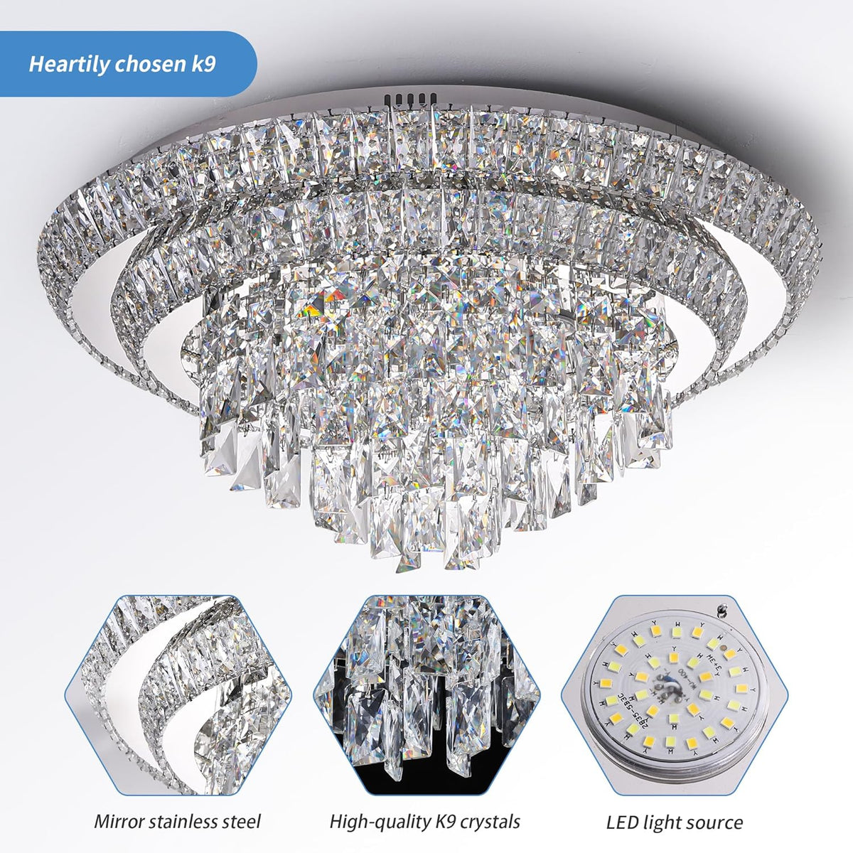 24 inch Crystal Silver Ceiling-Light Flush Mount with Remote Control and APP, 3CCT Dimmable &
