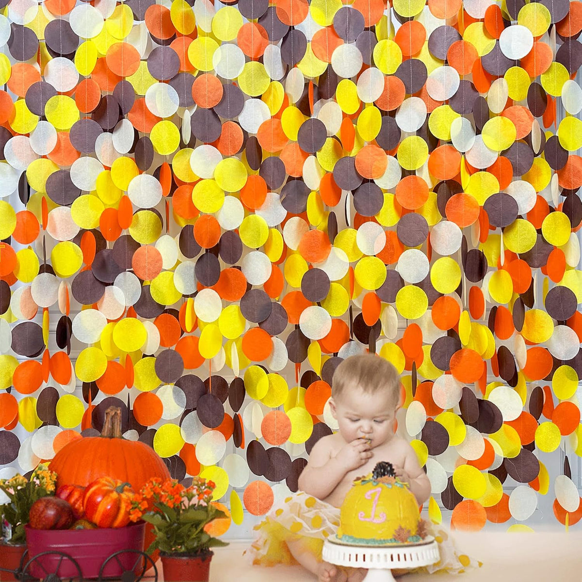 205Ft Fall Party Decorations Big Circle Dots Backdrop Garland Orange Brown Yellow Beige Tissue