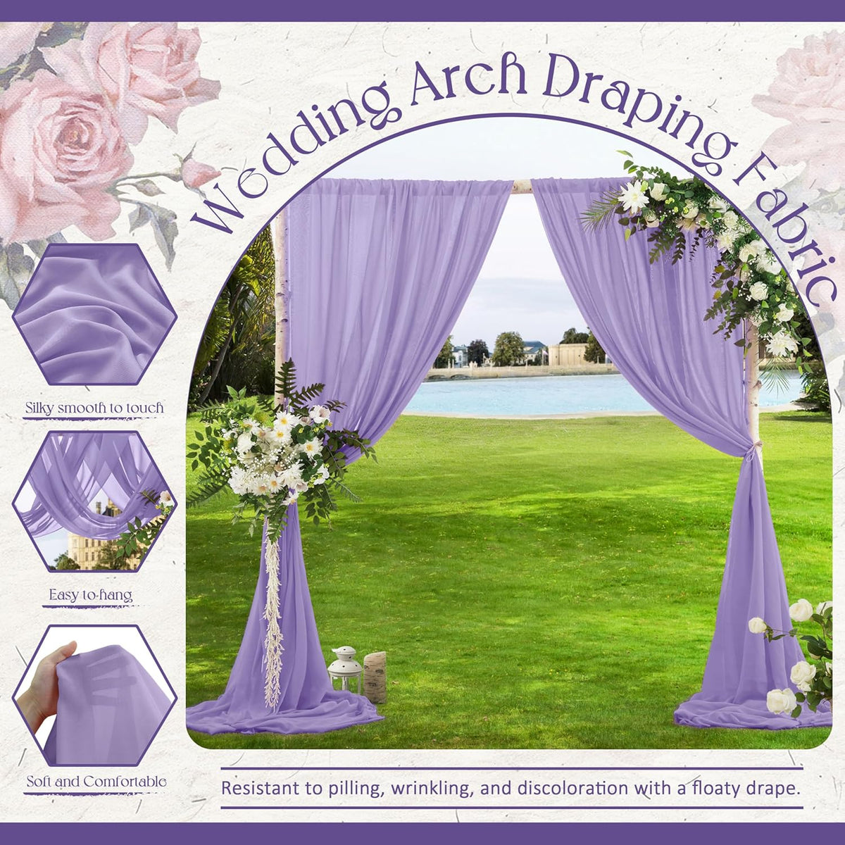 VACVELT Wedding Arch Draping Fabric, Lilac Chiffon, 2 Panels Sheer Drapes, 30 Inch x 20ft Chiffon
