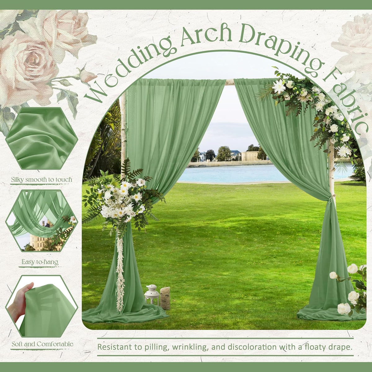 VACVELT Wedding Arch Draping Fabric Sage Green Chiffon, 2 Panels Sheer Drapes 30 Inch x 20ft