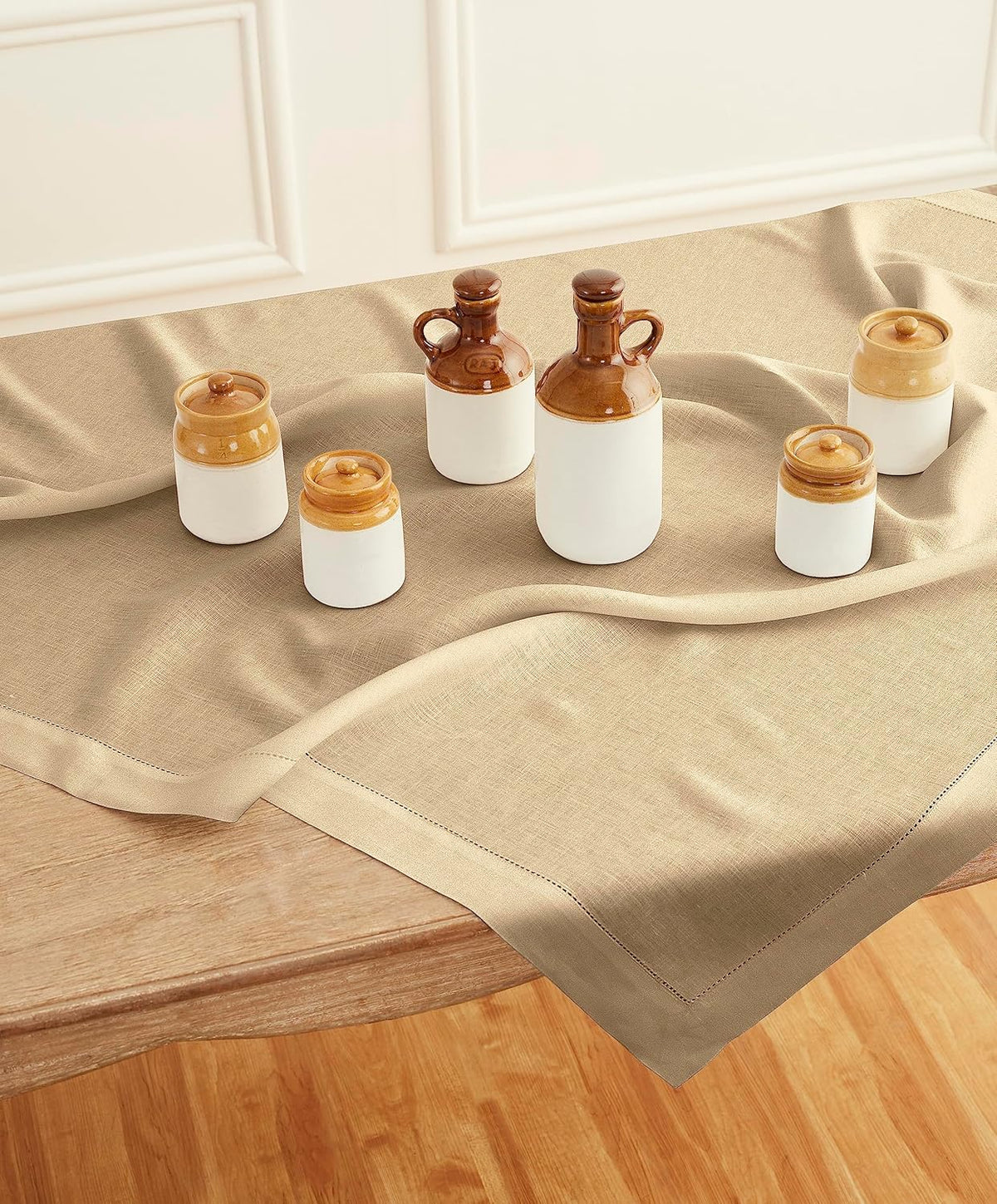 Solino Home Linen Square Tablecloth 52 x 52 Inch - 100% Pure Linen Beige Table Throw - Classic