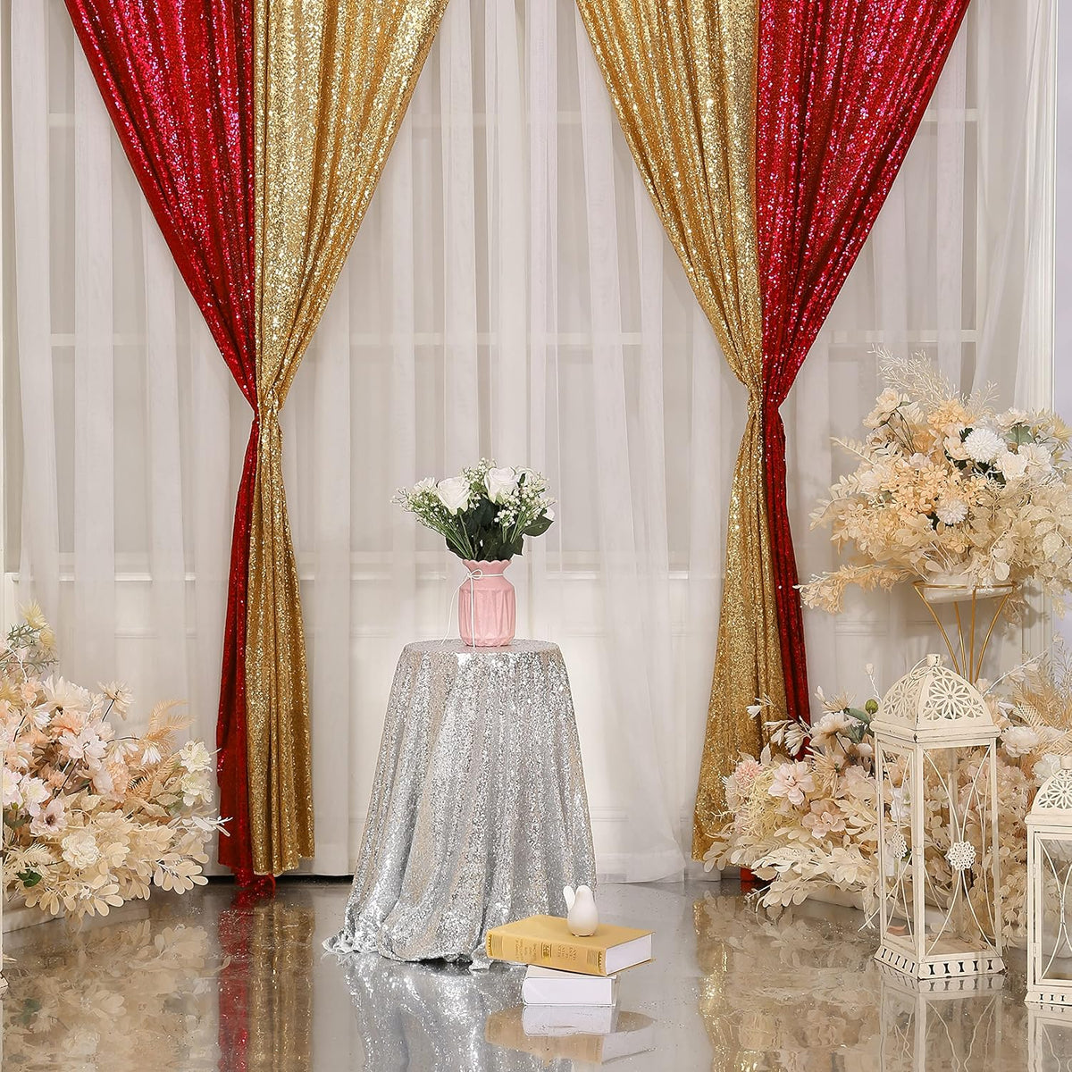 Red Sequin Backdrop Curtains,2ft x 8ft Sequin Photography Backdrop Curtain 2 Panels for Party