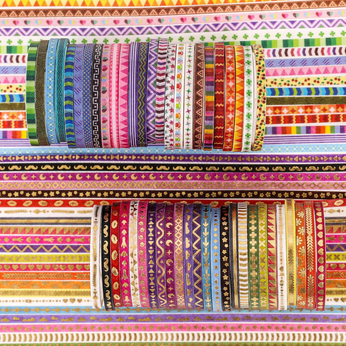 emmoolife 50 Rolls Skinny Washi Tape Set 3mm Wide, Gold Foil Print Masking Thin Basic Patterns