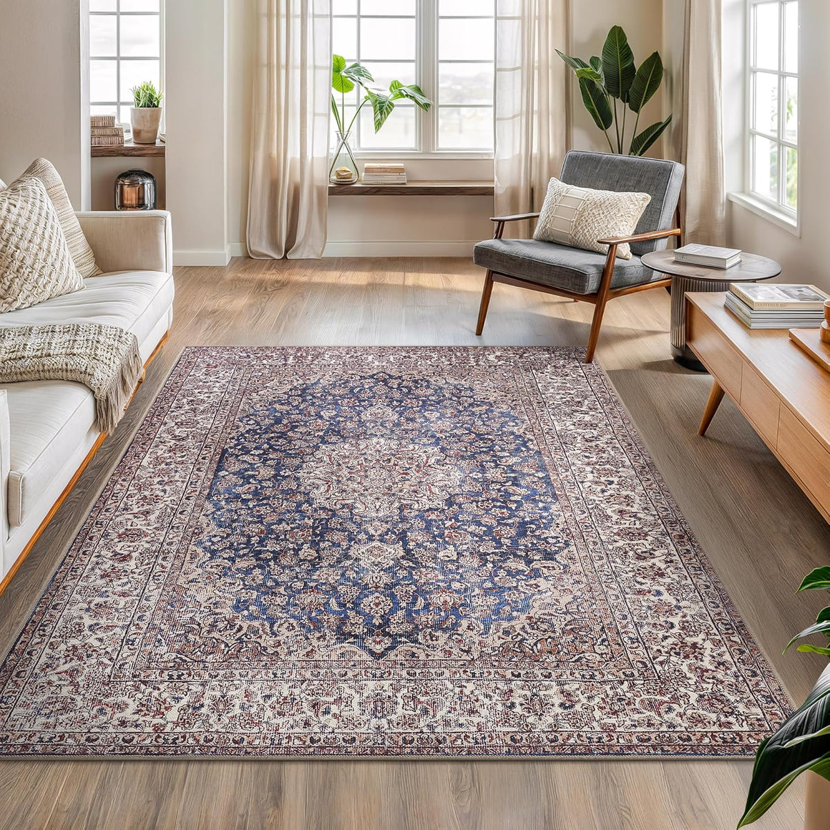 Bloom Rugs Washable Non-Slip 5' x 7' Rug - Dark Blue/Beige Traditional Medallion Area Rug for