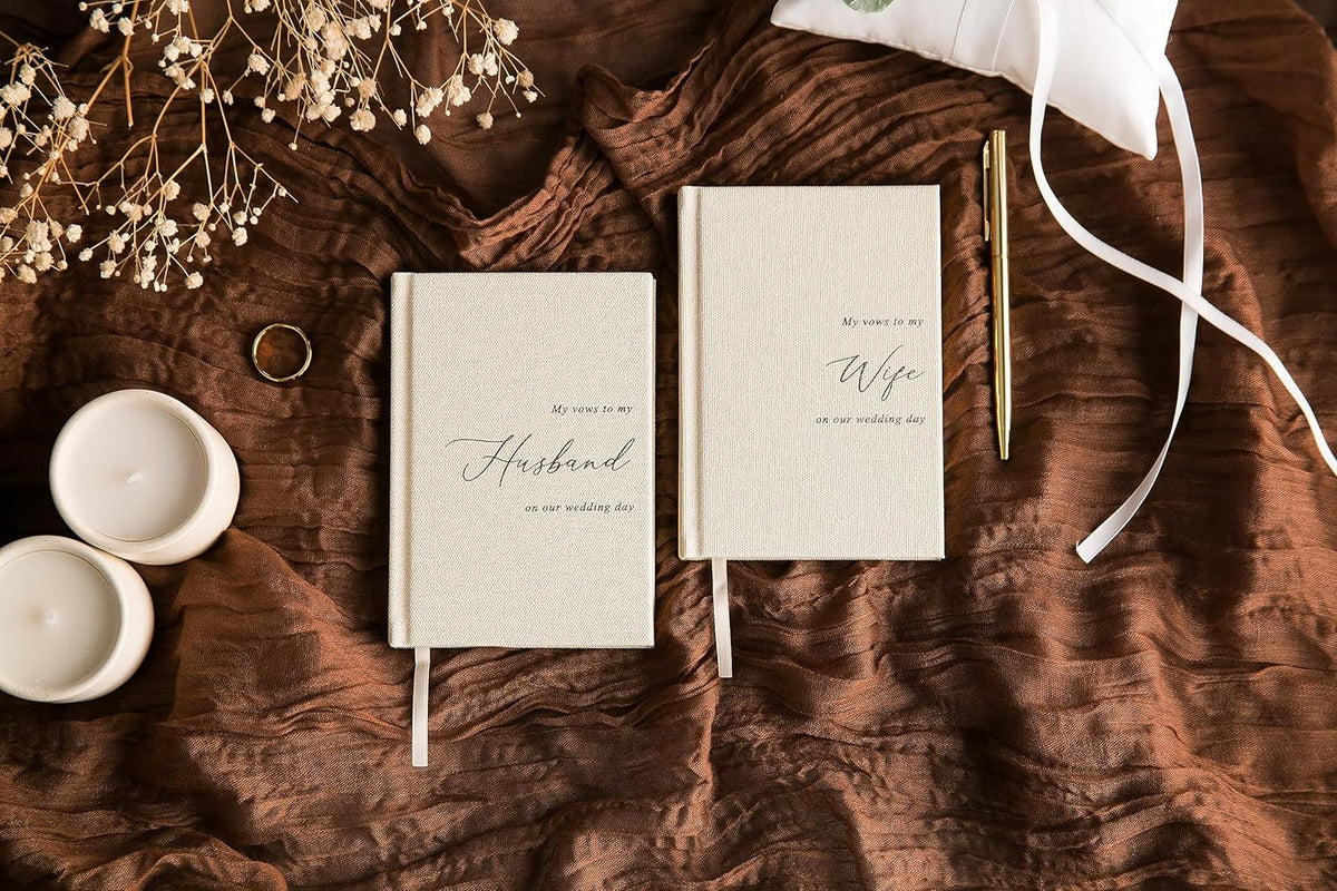 MUUJEE Hard Cover Vow Books (Set of 2) - Cream Canvas Linen Foil Embossed Wedding Ceremony Vow