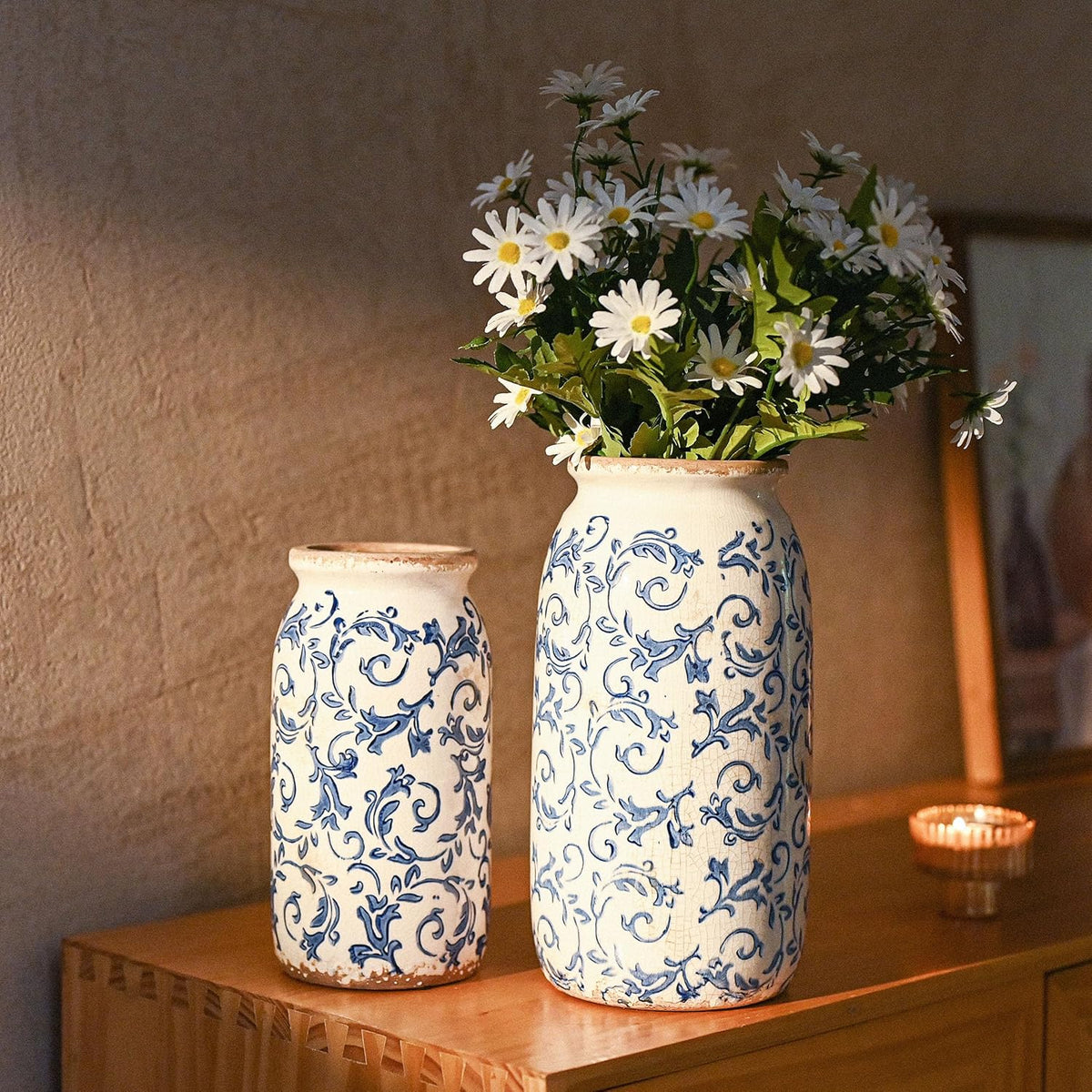 VICTOR & TERESA Rustic Blue and White Vase for Home Decor, Ceramic Vases for Flowers, Modern