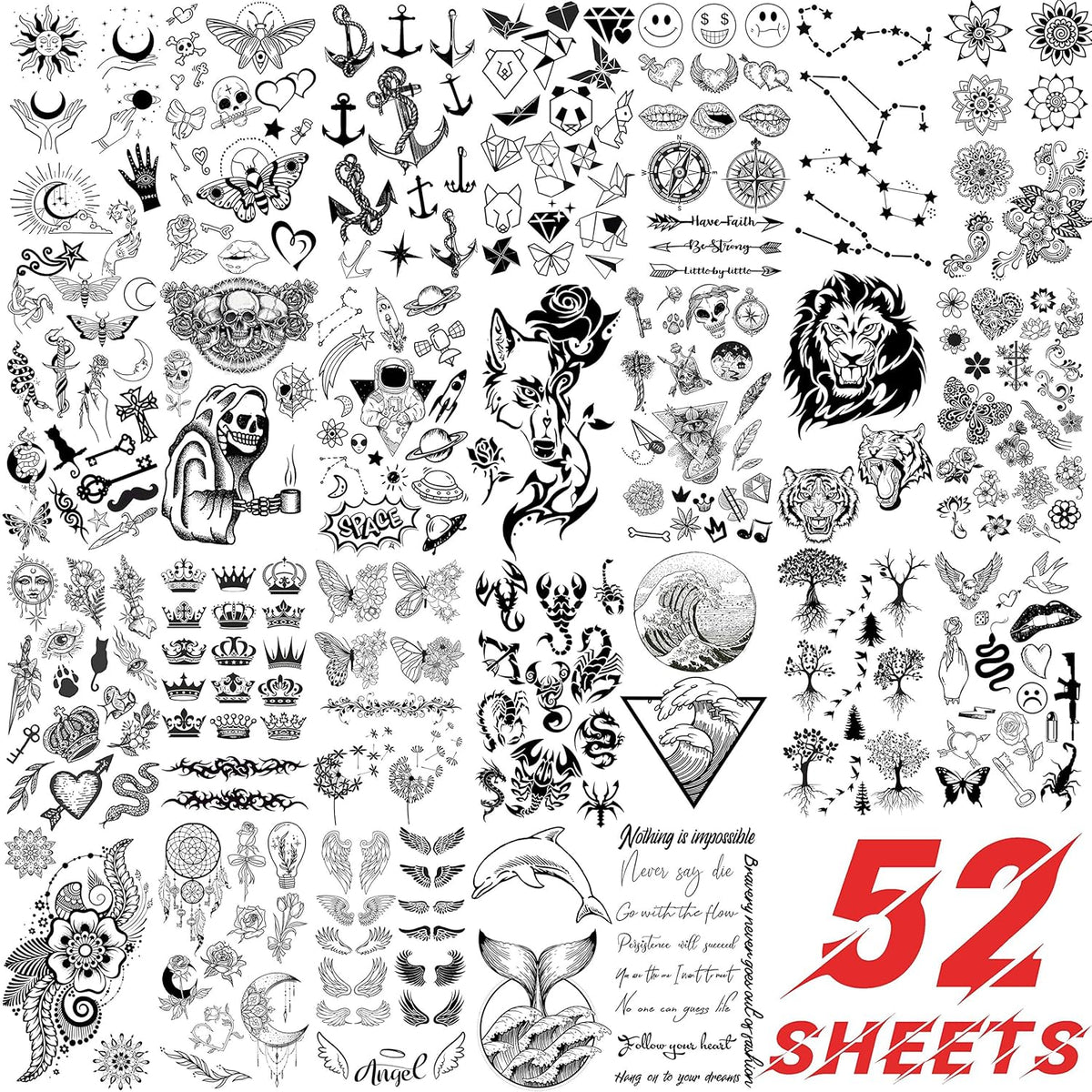 52 Sheets Tiny Small Temporary Tattoos For Kids Boys Girls, Tribal Animals Butterfly Anchor Compass