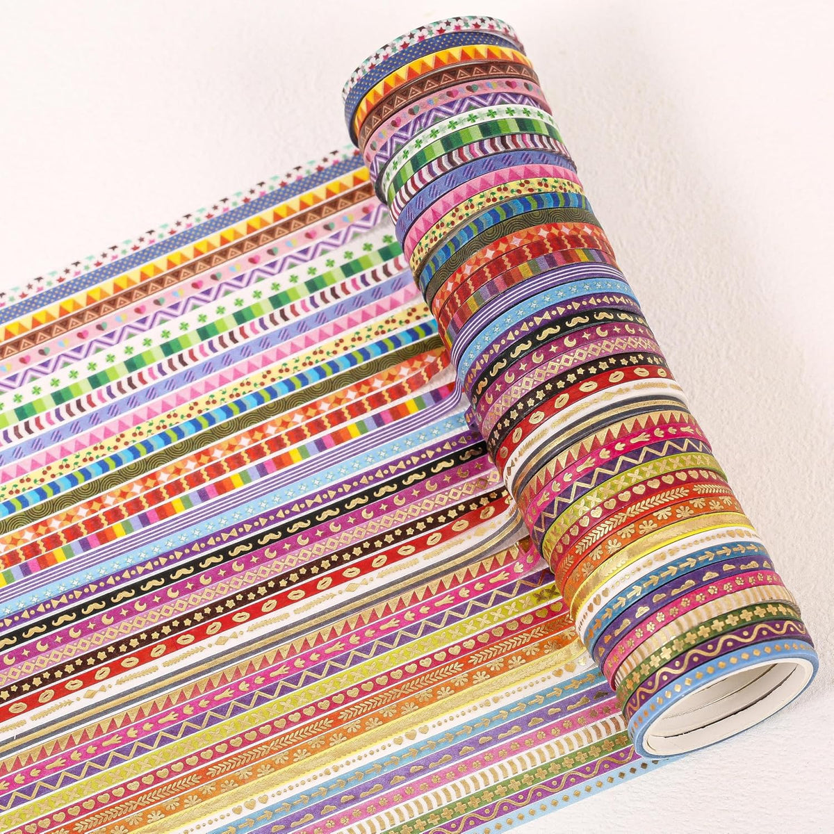 emmoolife 50 Rolls Skinny Washi Tape Set 3mm Wide, Gold Foil Print Masking Thin Basic Patterns