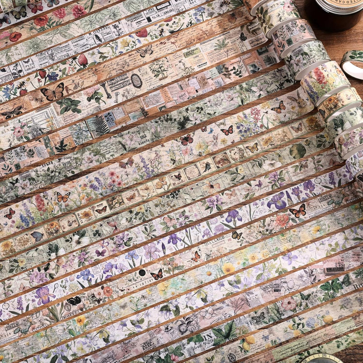 42 Rolls Vintage Washi Tape Set, Delicate Butterfly & Lush Floral Botanical Themed Writable