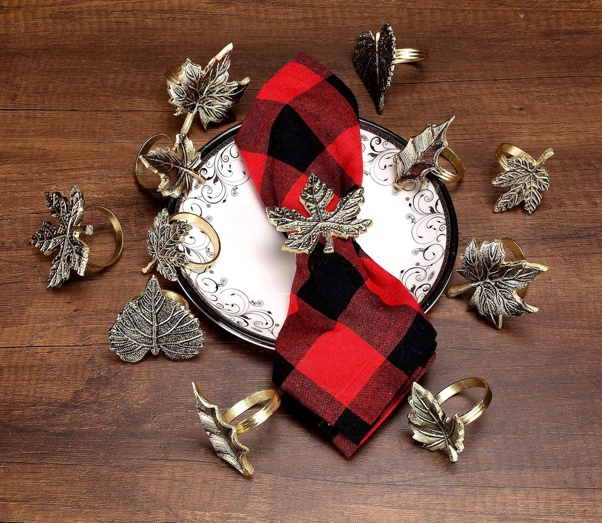 6-Piece Metal Napkin Rings - Antique Gold Harvest Leaf Napkin Rings - Decorative Table Accents for