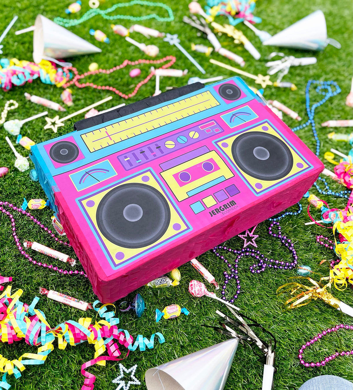 Jergrim Boombox Piñata 4-Piece Set perfect for Retro Birthday Party, Decorations, 80s Parties, Hip