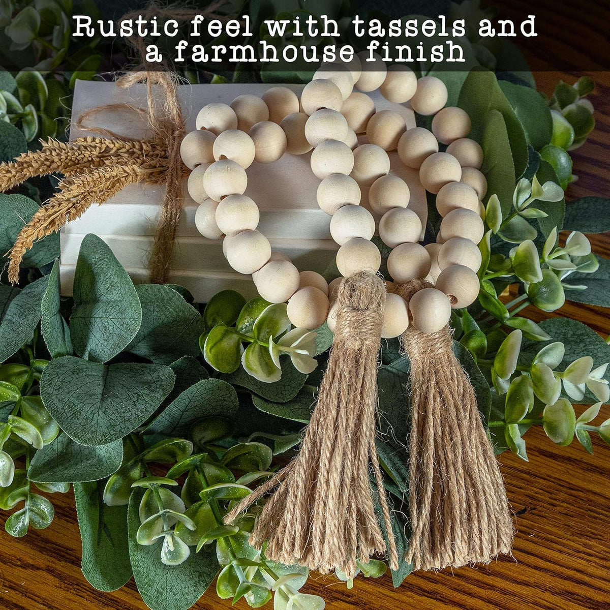 Decorative Wood Bead Garland Home Decor, Farmhouse Garland Beads with Tassel, Wooden Tier Tray