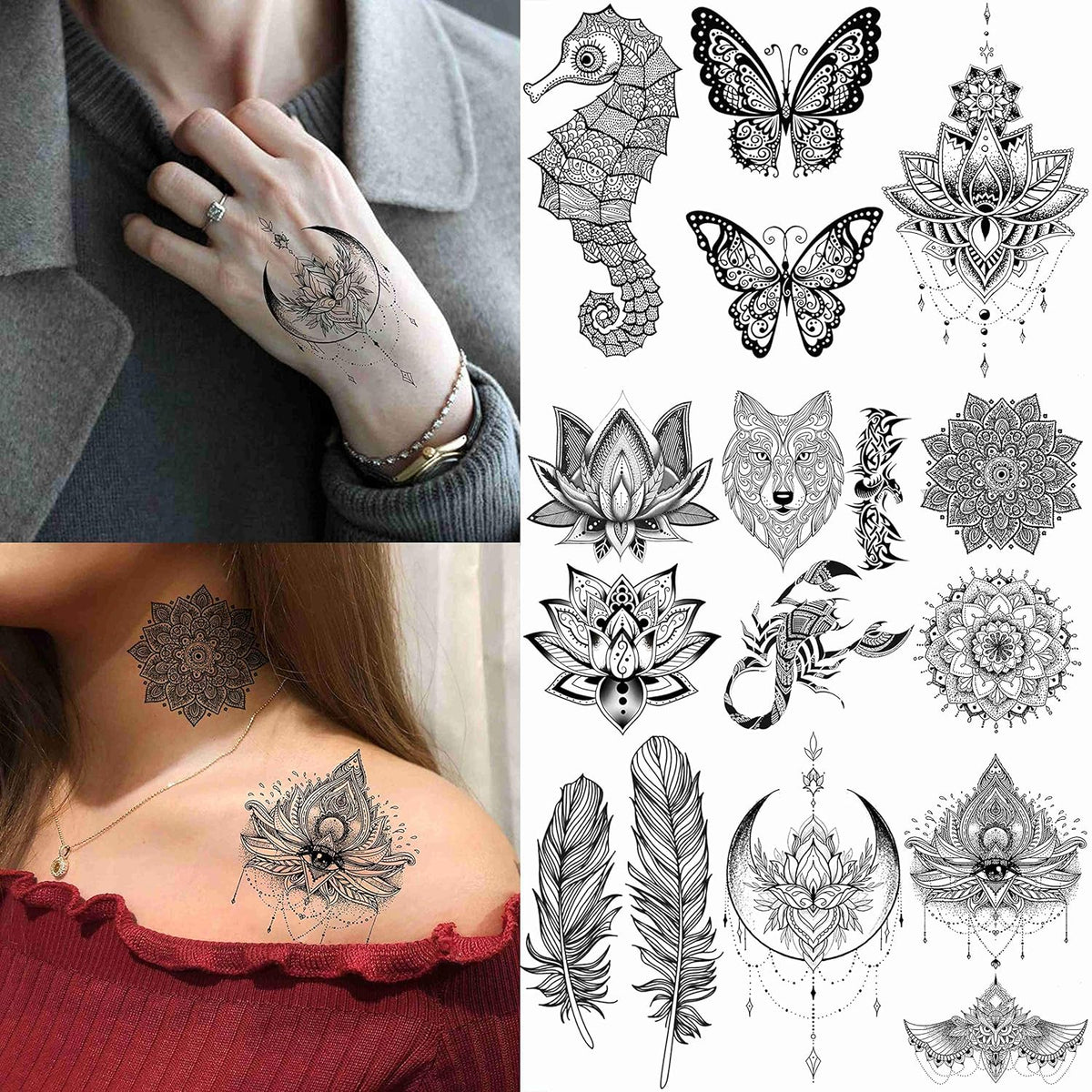 28 Sheets Tribal Black Temporary Tattoos For Women Girls, Waterproof Fake Tattoos Temporary