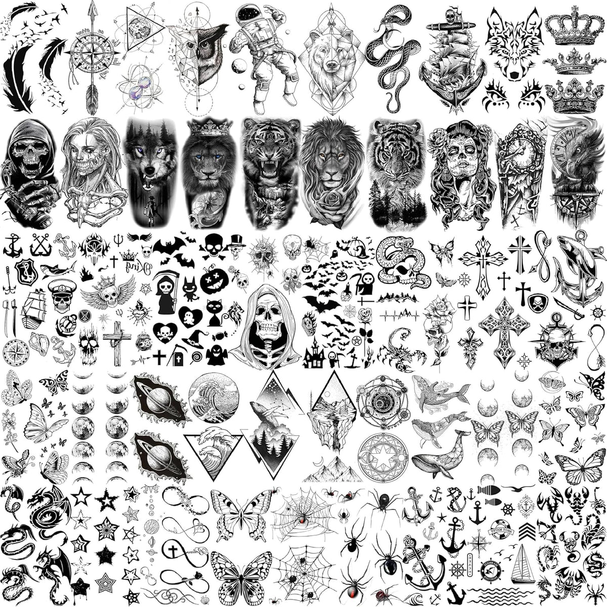 59 Sheets 3D Black Halloween Temporary Tattoos For Men Women Kids, Long Lasting Temp Fake Sleeeve