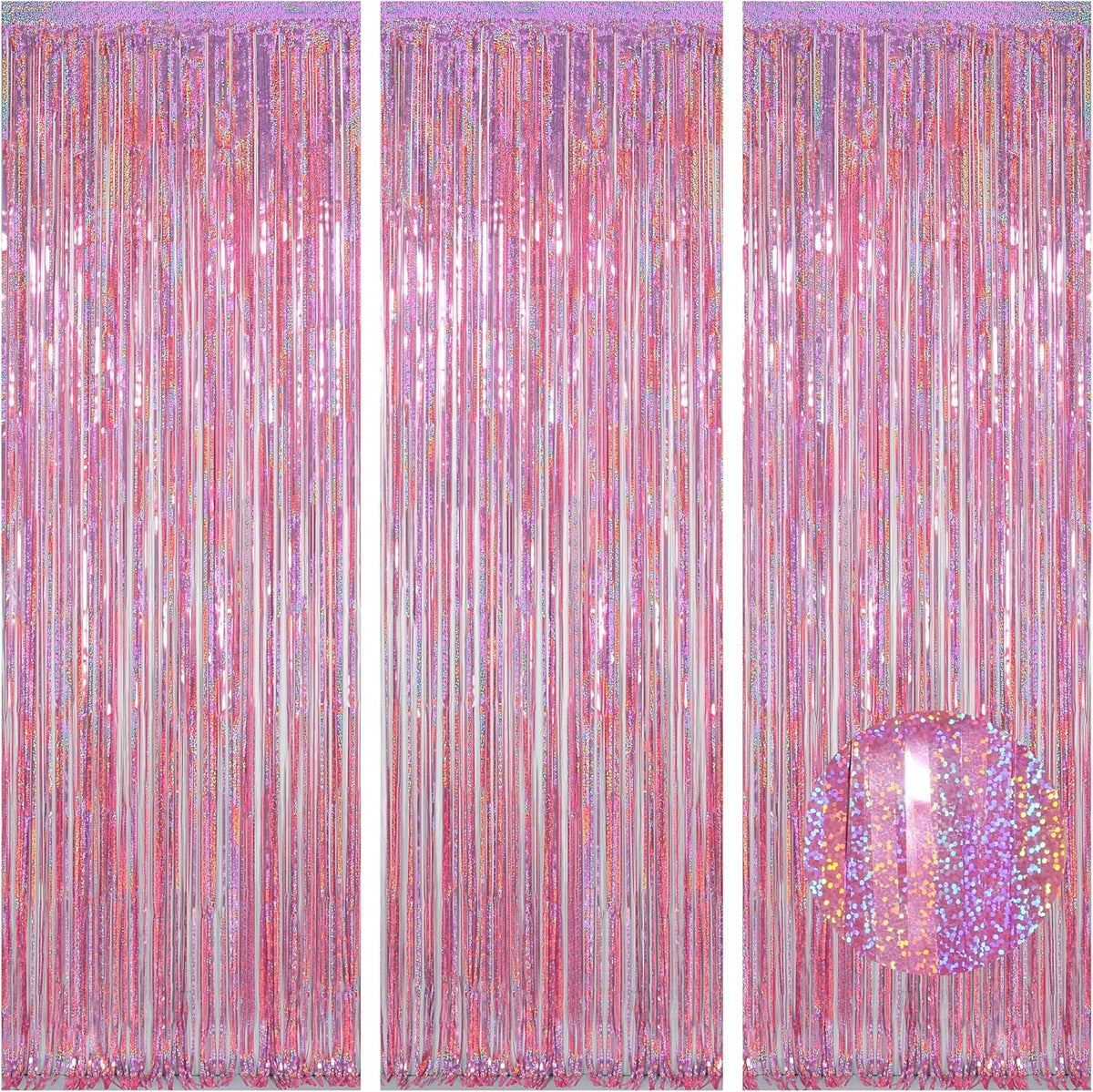 Melsan 3 Pack 3.2 x 8.2 ft Foil Fringe Curtains - Pink Tinsel Curtain Unicorn Birthday Hello Kitty