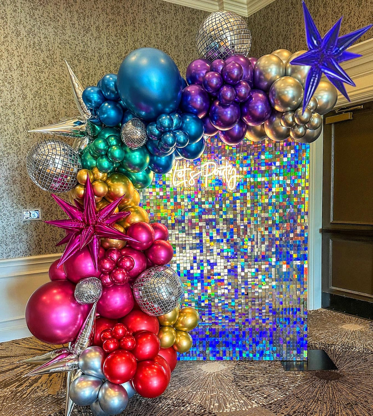 161pcs Shiny Chrome Balloon Garland Arch Kit Retro Disco Dance Party Decorations with 4D Disco Ball