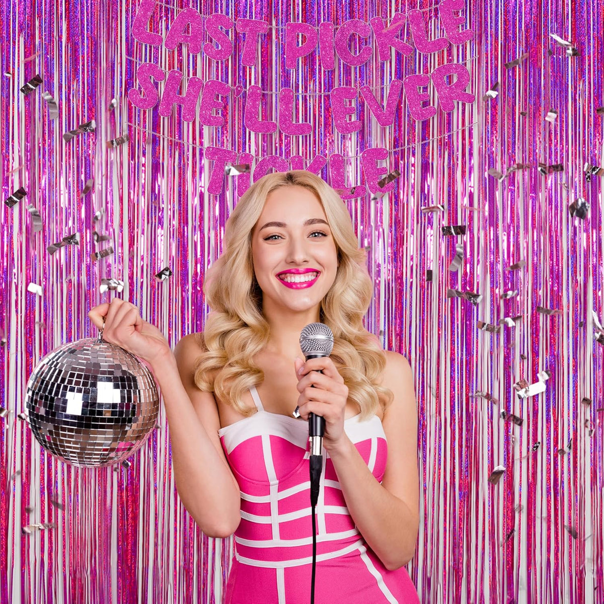 Melsan 2 Pack 3.2 ft x 8.2 ft Hot Pink Tinsel Foil Fringe Curtains Backdrop, Sparkle Foil Tinsel