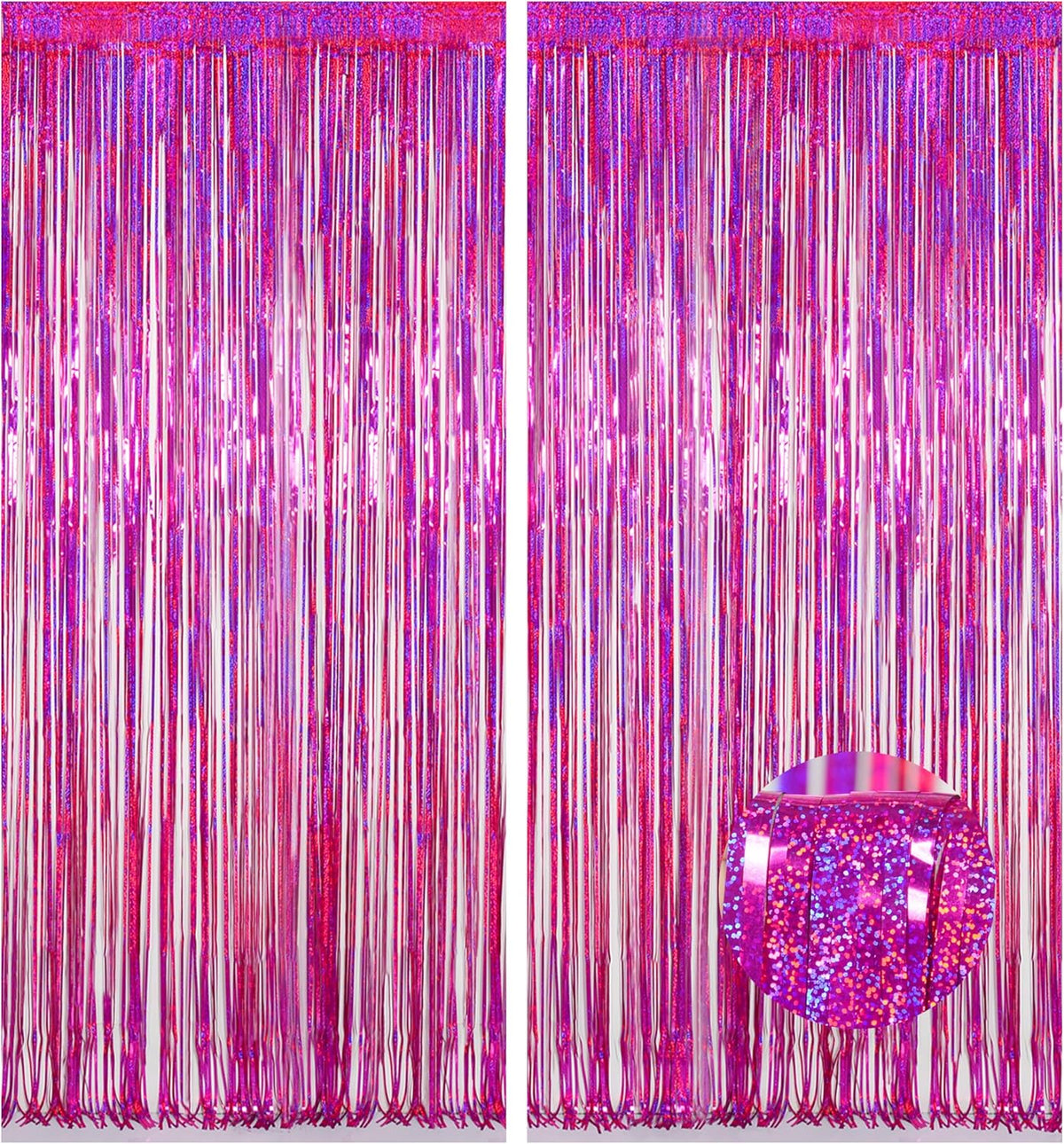 Melsan 2 Pack 3.2 ft x 8.2 ft Hot Pink Tinsel Foil Fringe Curtains Backdrop, Sparkle Foil Tinsel