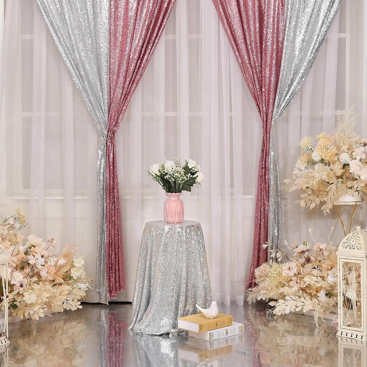 Poise3EHome 2 Panels 2ft x 8ft Fuchsia Pink Sequin Backdrop Curtains for Wedding Party Xmas