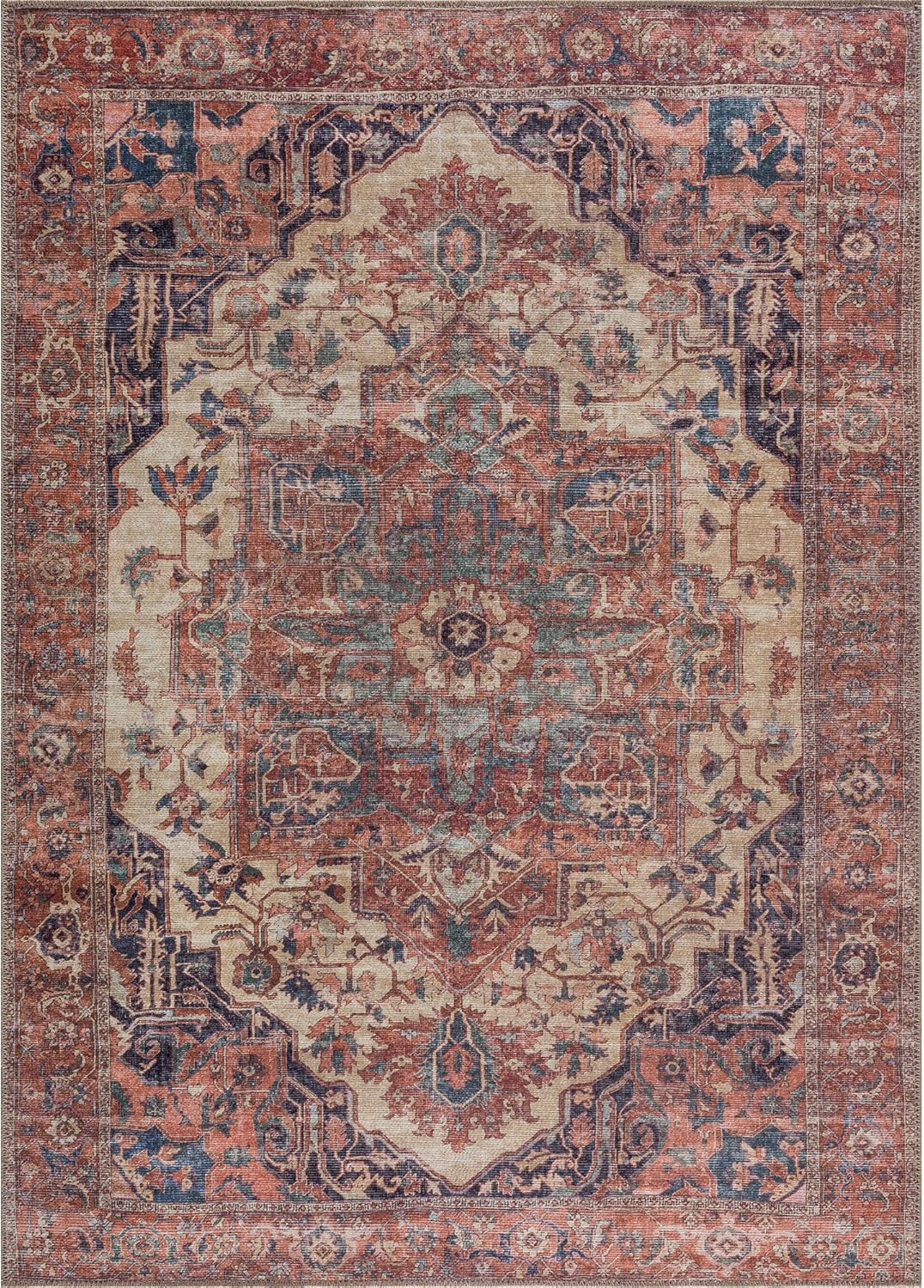 Bloom Rugs Washable 8' x 10' Rug - Beige/Terracotta Traditional Area Rug for Living Room, Bedroom