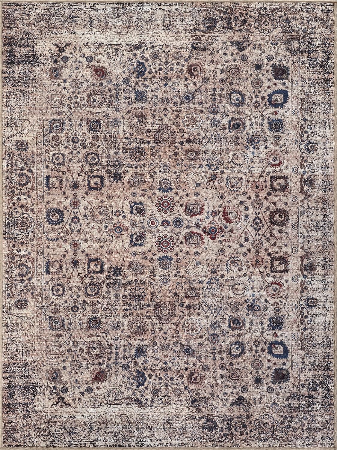 Bloom Rugs Washable Non-Slip 4' x 6' Rug - Light Tan/Blue Traditional Oriental Area Rug for Living