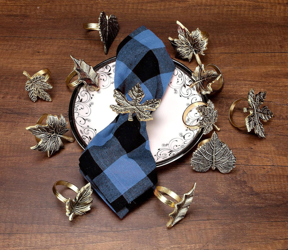 6-Piece Metal Napkin Rings - Antique Gold Harvest Leaf Napkin Rings - Decorative Table Accents for