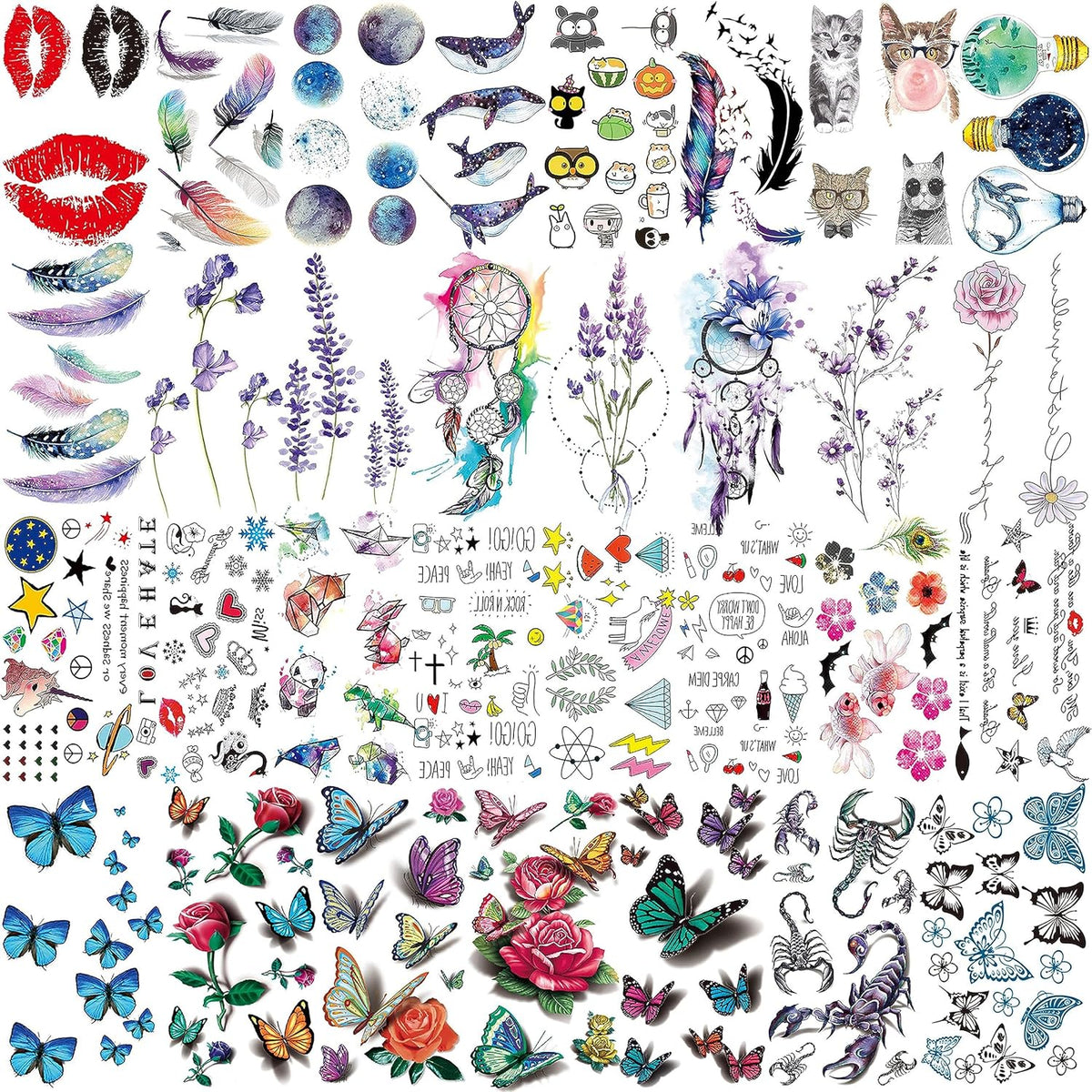 66 Sheets 430+ PCS Cute Temporary Tattoos For Women Men Adults, Watercolor Butterfly Flower