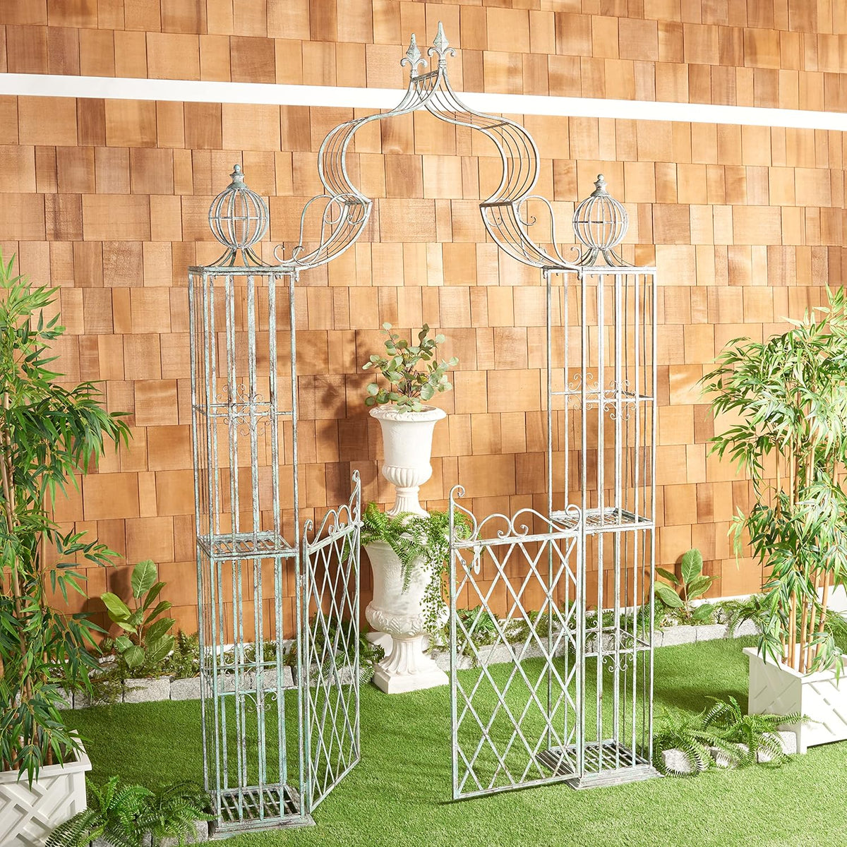 SAFAVIEH Outdoor Collection Beatrix Victorian Antique Dark Green Wrought Iron Trellis Garden Arch