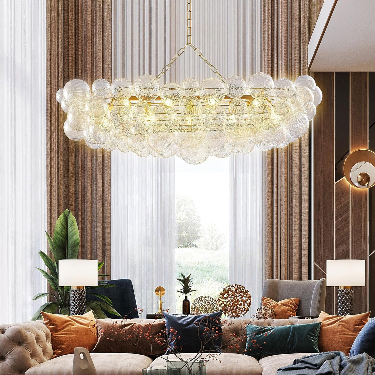 Nordic Bubble Ball Swirled Glass Chandelier 50 inch Rectangular Island Light Fixture Gild Gold and