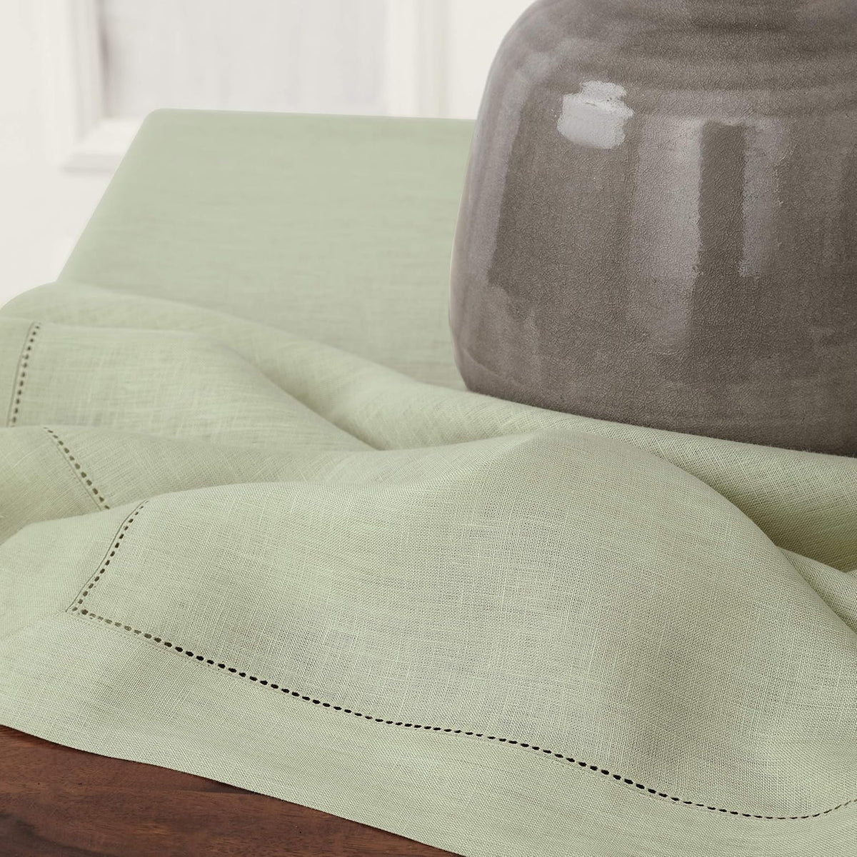 Solino Home Linen Tablecloth 60 x 108 Inch - Classic Hemstitch 100% Pure Linen Sage Green Table