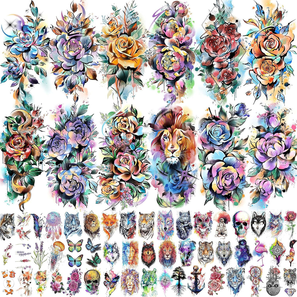 63 Sheets 3D Watercolor Rose Temporary Tattoos For Women Arm Girls Adults, Water Color Peony Flower