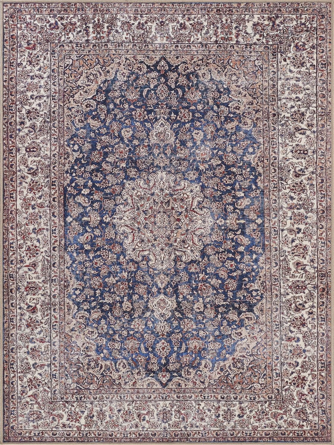 Bloom Rugs Washable Non-Slip 5' x 7' Rug - Dark Blue/Beige Traditional Medallion Area Rug for