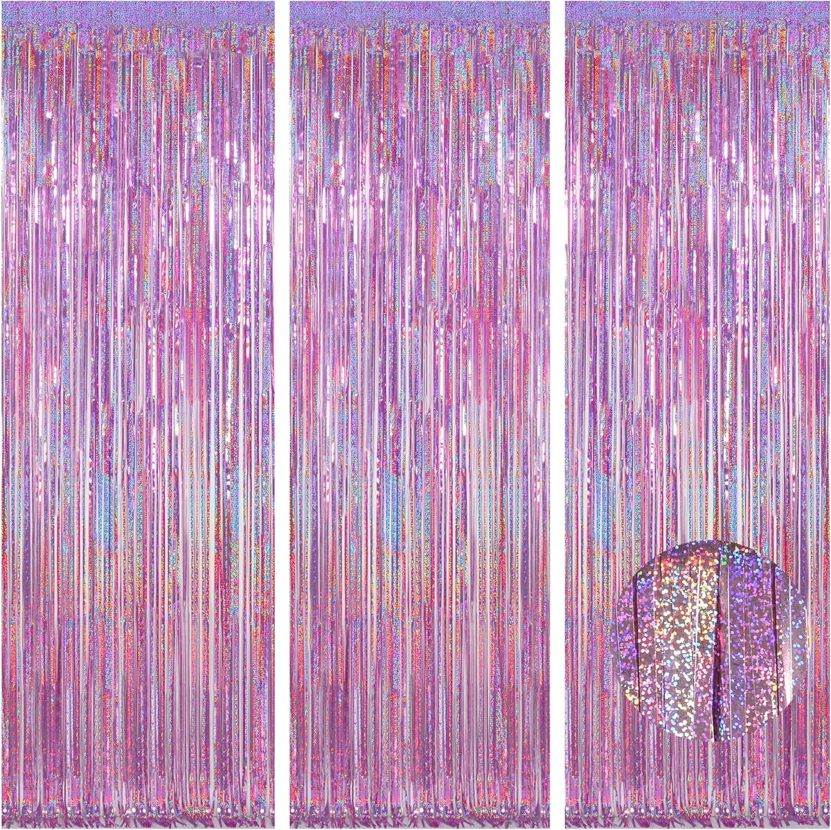 Melsan 3 Pack 3.2 x 8.2 ft Sparkling Pinkish Purple Tinsel Fringe Curtain Backdrop Glitter Decor