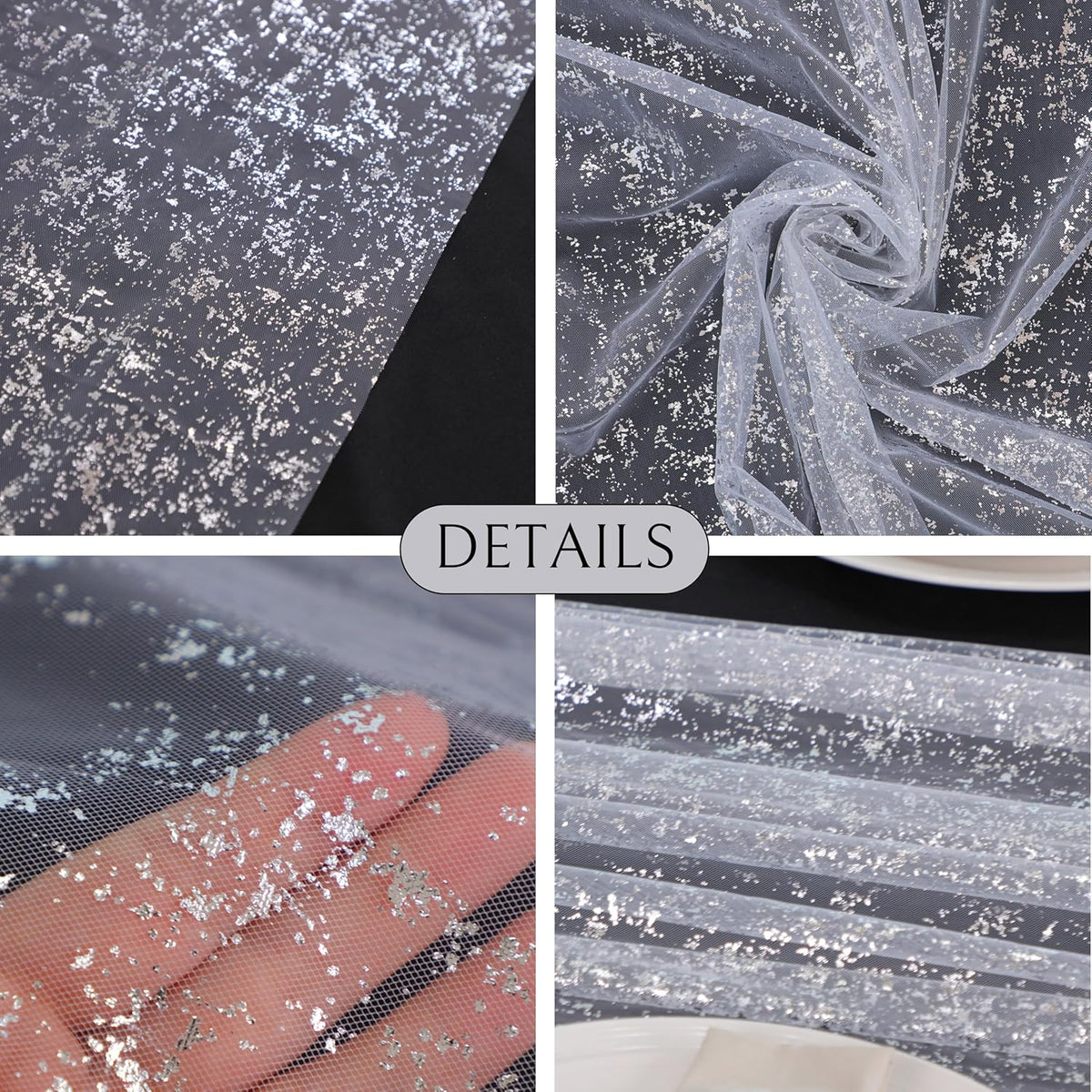 Snowkingdom 10 Pcs 10 FT Silver Table Runners, Sheer Chiffon Gauze Cheesecloth Runner, Sequin