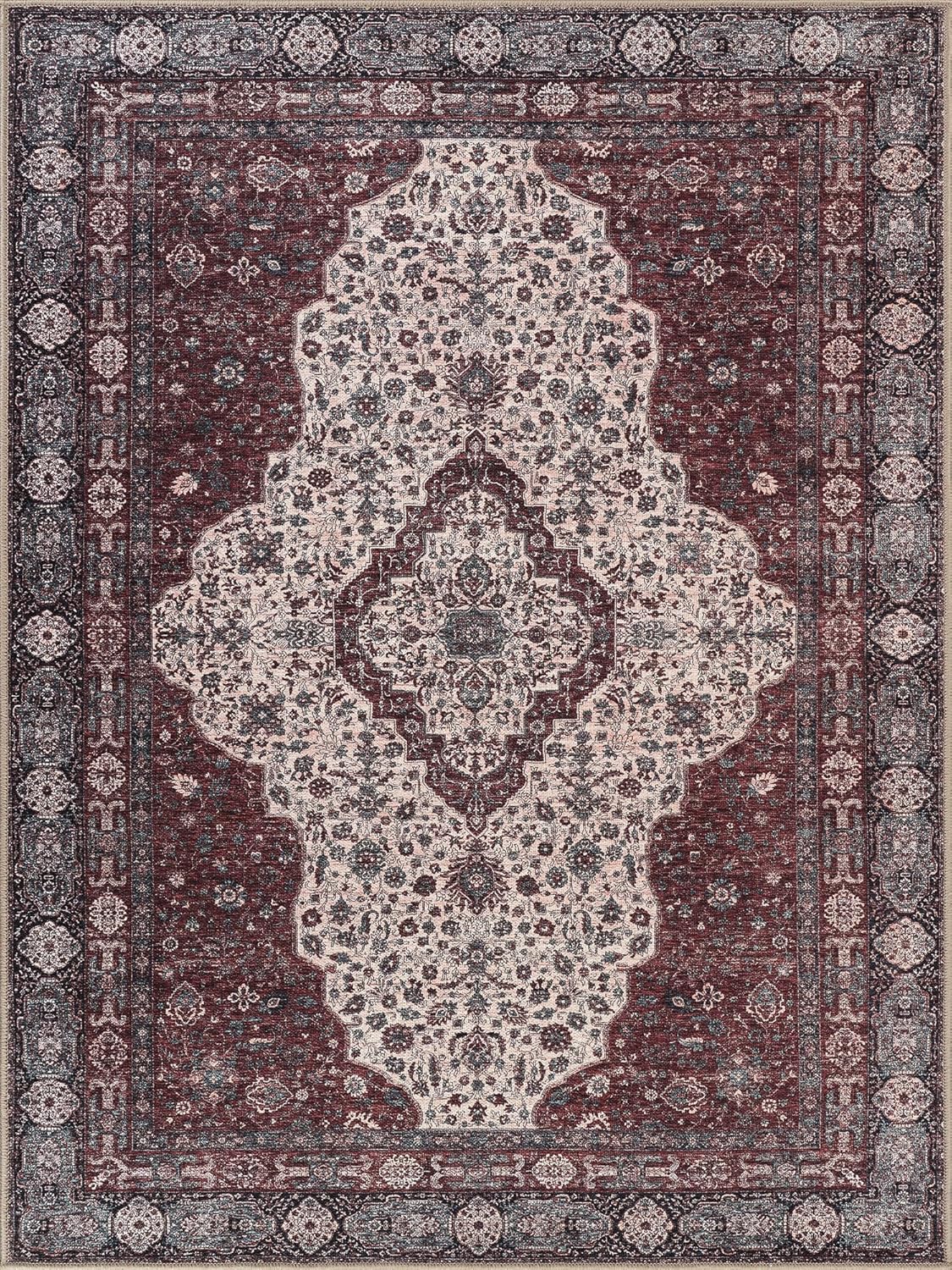 Bloom Rugs Washable Non-Slip 4' x 6' Rug - Red/Green/Cream Traditional Medallion Area Rug for