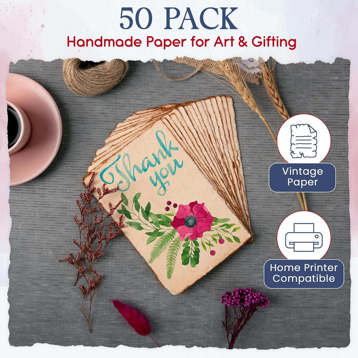 Wanderings Handmade Antique Deckle Edge Blank Cards - 4"x6" Package of 50 - Mixed Media Cards for