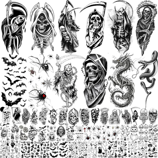 61 Sheets Halloween Temporary Tattoos for Men Women Adults, 12 Sheets Skeleton Death Skull Demon