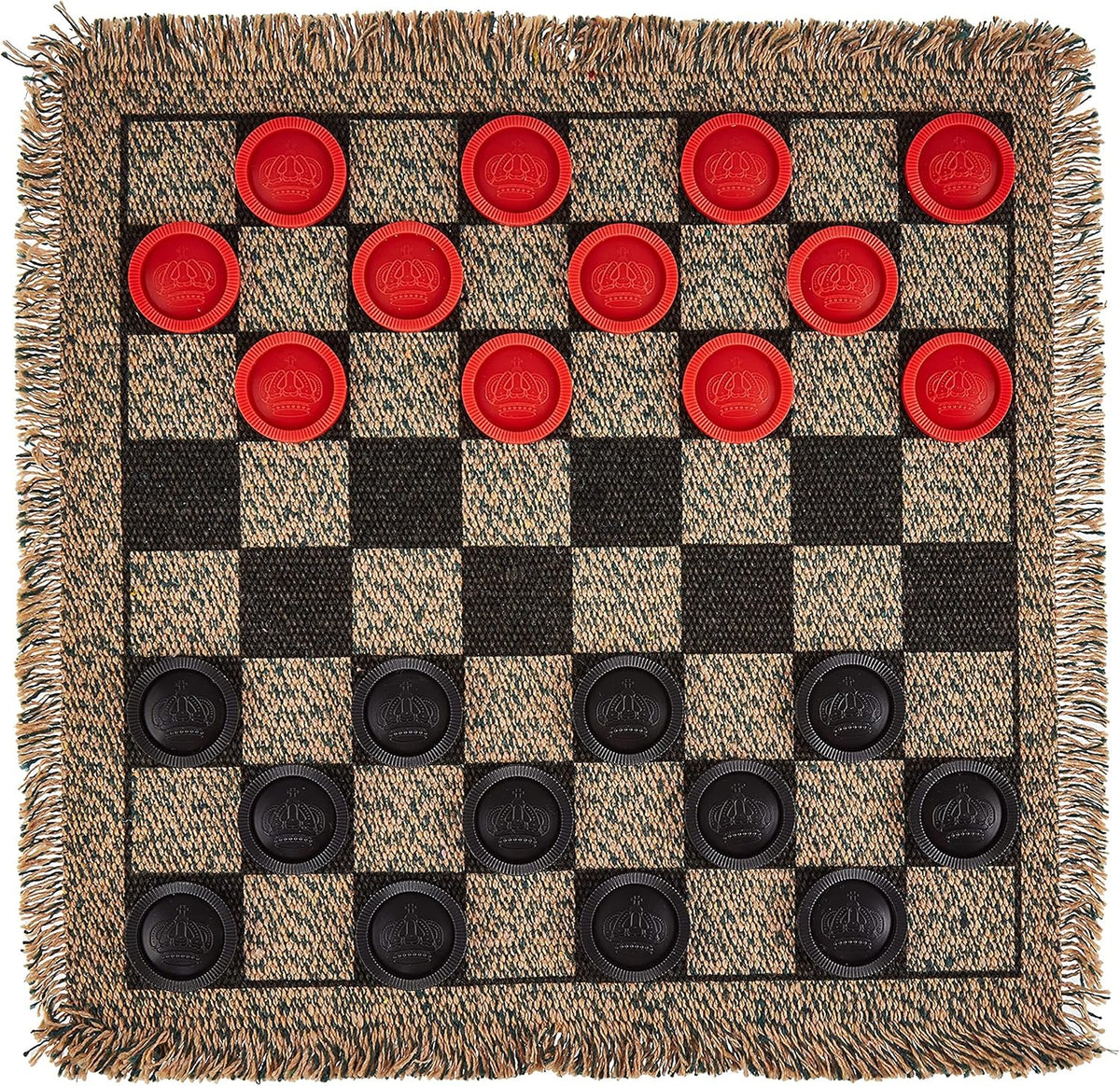 3-in-1 Mini Checkers Rug + Classic & Mega Tic Tac Toe - Portable Compact 12" x 12" Reversible
