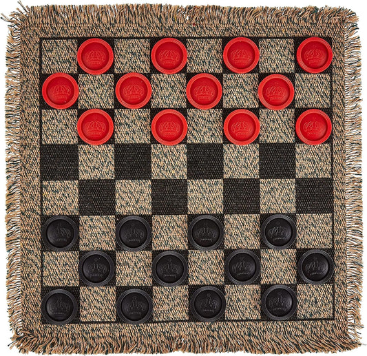 3-in-1 Mini Checkers Rug + Classic & Mega Tic Tac Toe - Portable Compact 12" x 12" Reversible