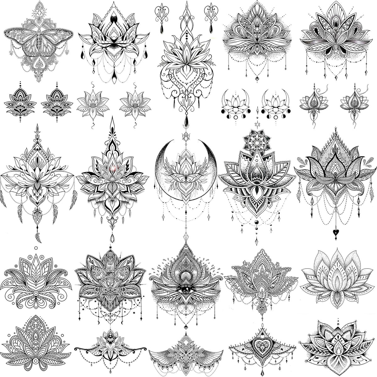 15 Sheets Sexy Black Lotus Temporary Tattoos For Women Wedding Brides, Tribal Fake Jewelry Pendant