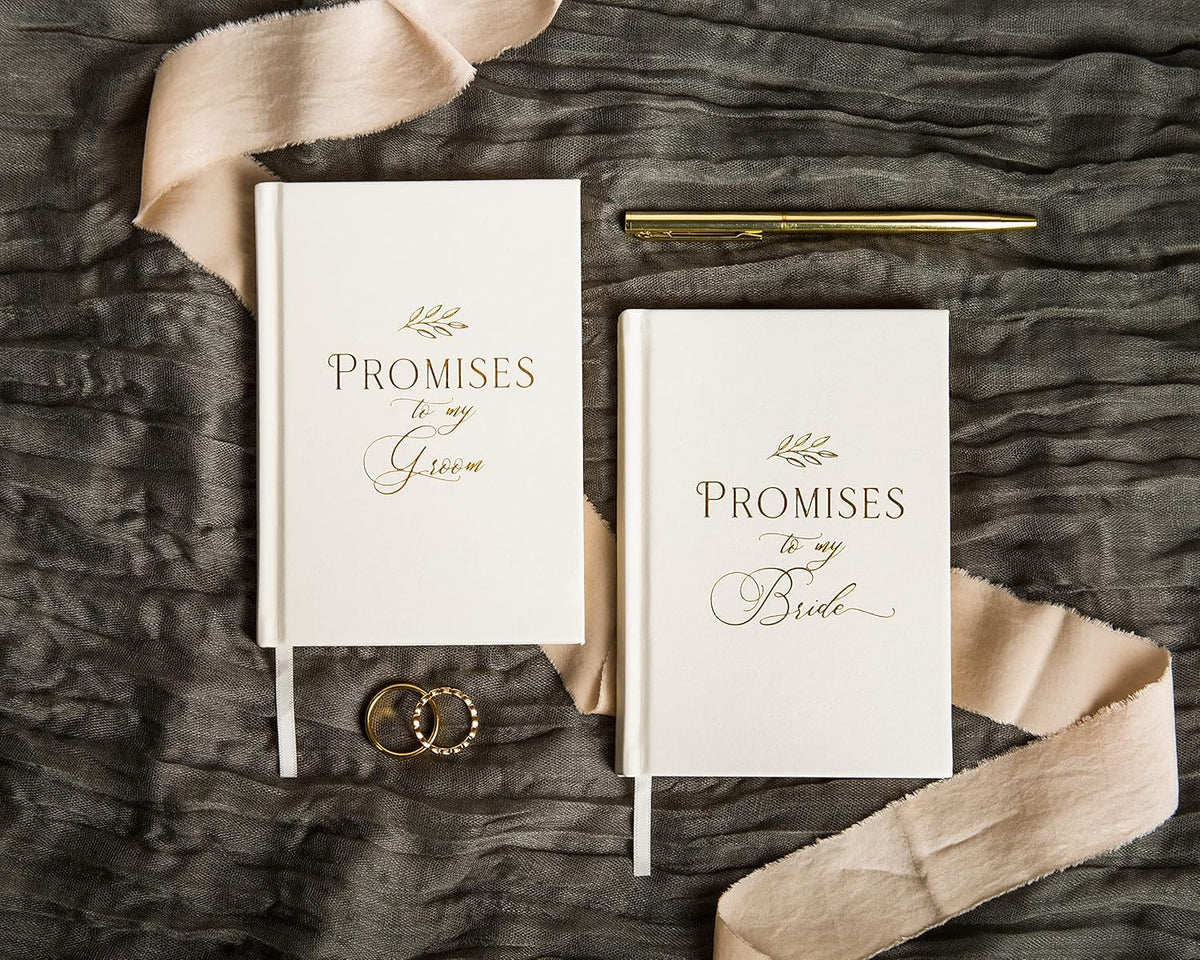 MUUJEE Promises To My Groom and Promises to My Bride Wedding Vow Books (Set of 2) - White Gold Foil