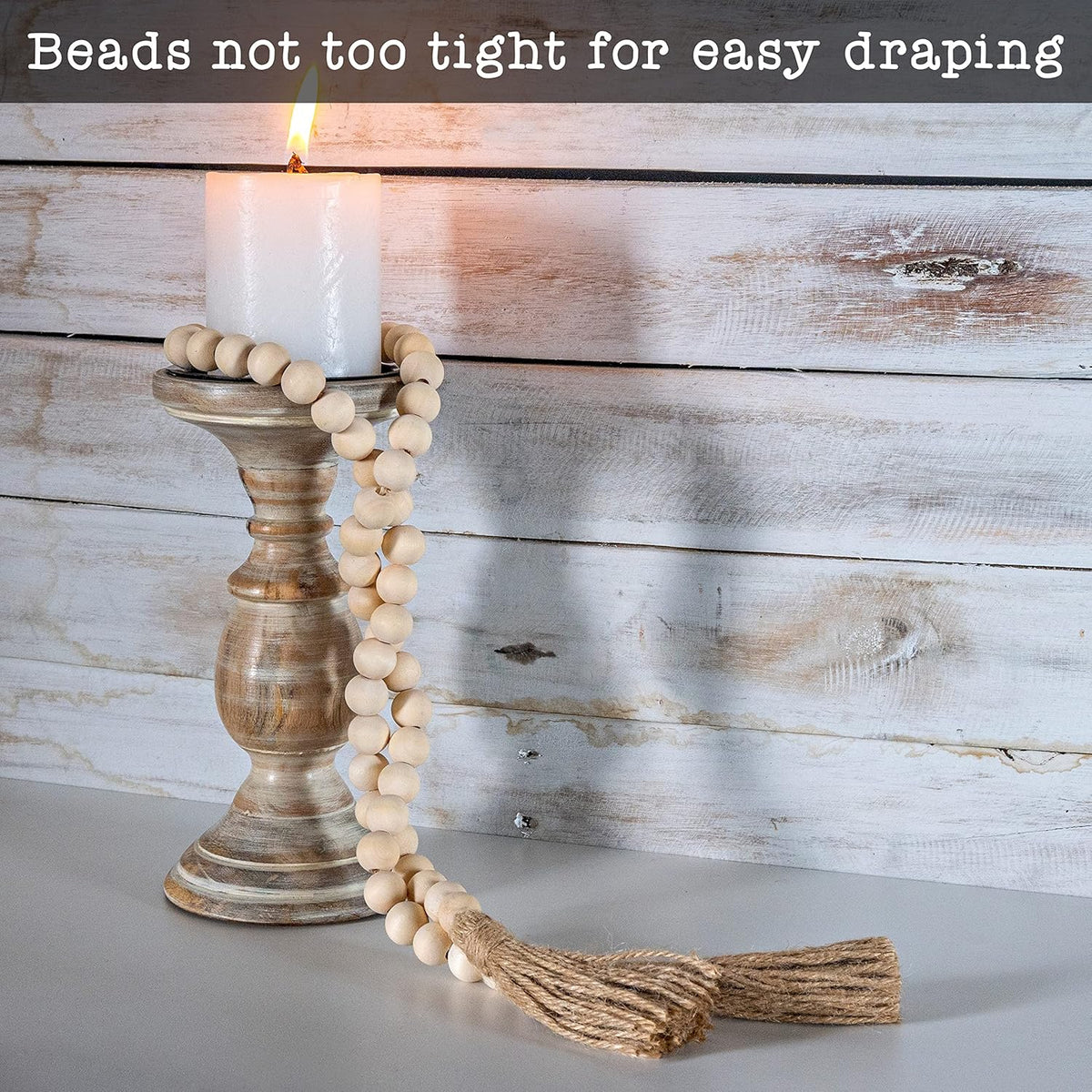 Decorative Wood Bead Garland Home Decor, Farmhouse Garland Beads with Tassel, Wooden Tier Tray